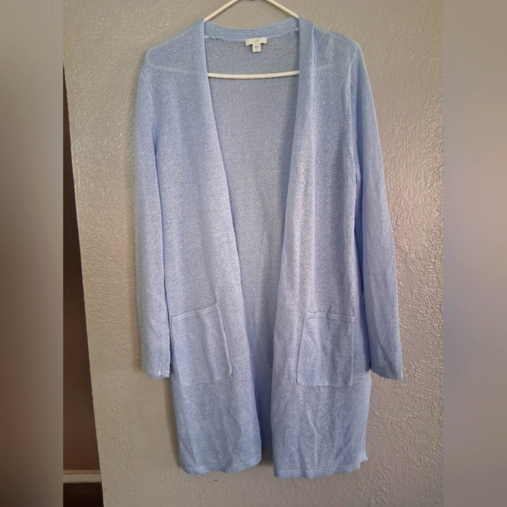 J. Jill L Blue Linen blend Long Line Cardigan With Pockets Classic M